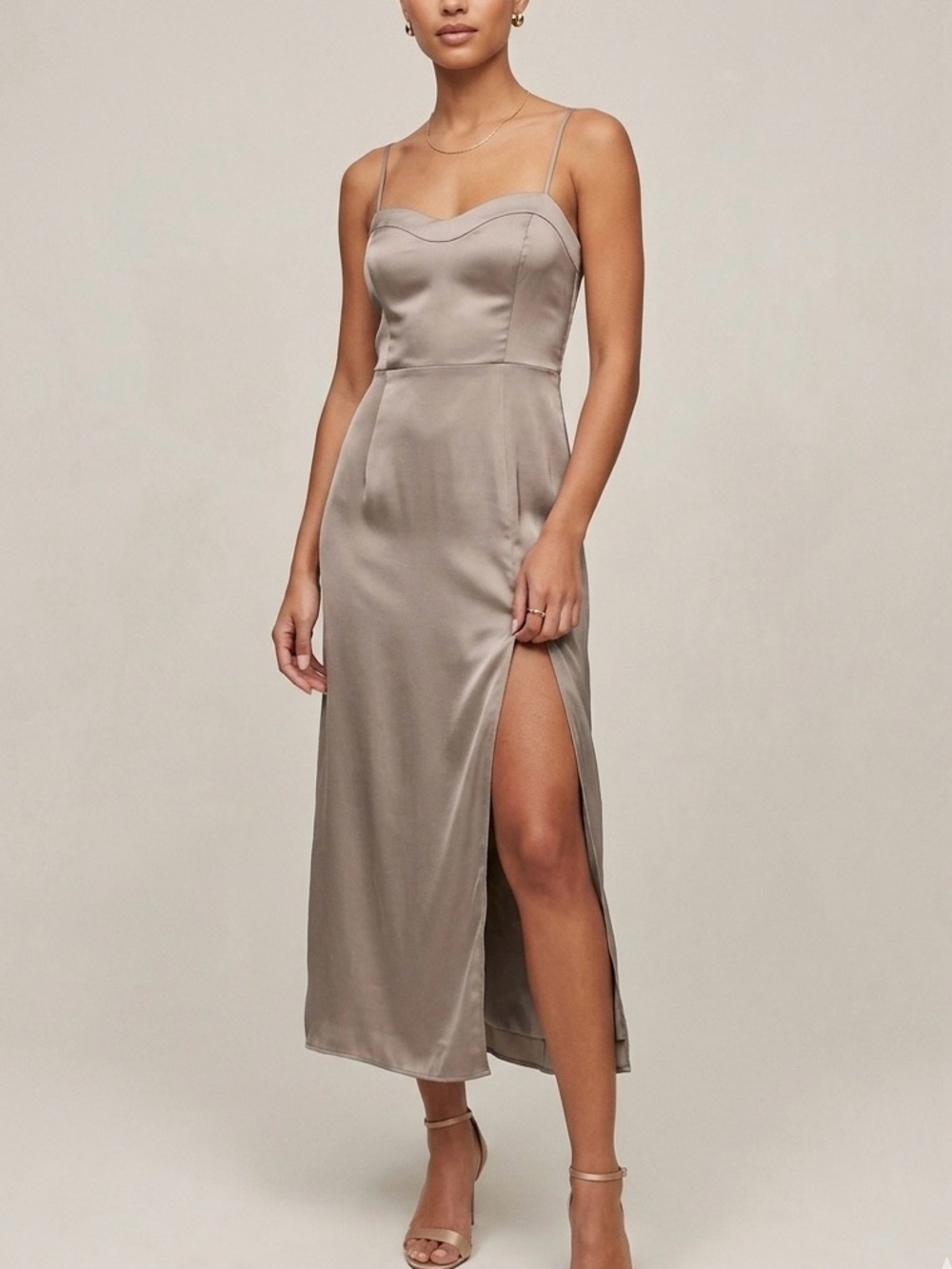 ABERCROMBIE & FITCH Camille Satin Sweetheart Midi Dress in Taupe
